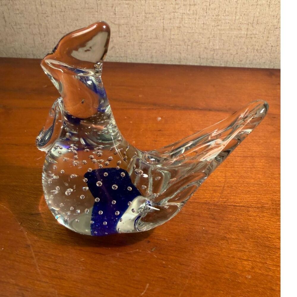 Hand-blown clear and cobalt blue glass bird paperweight